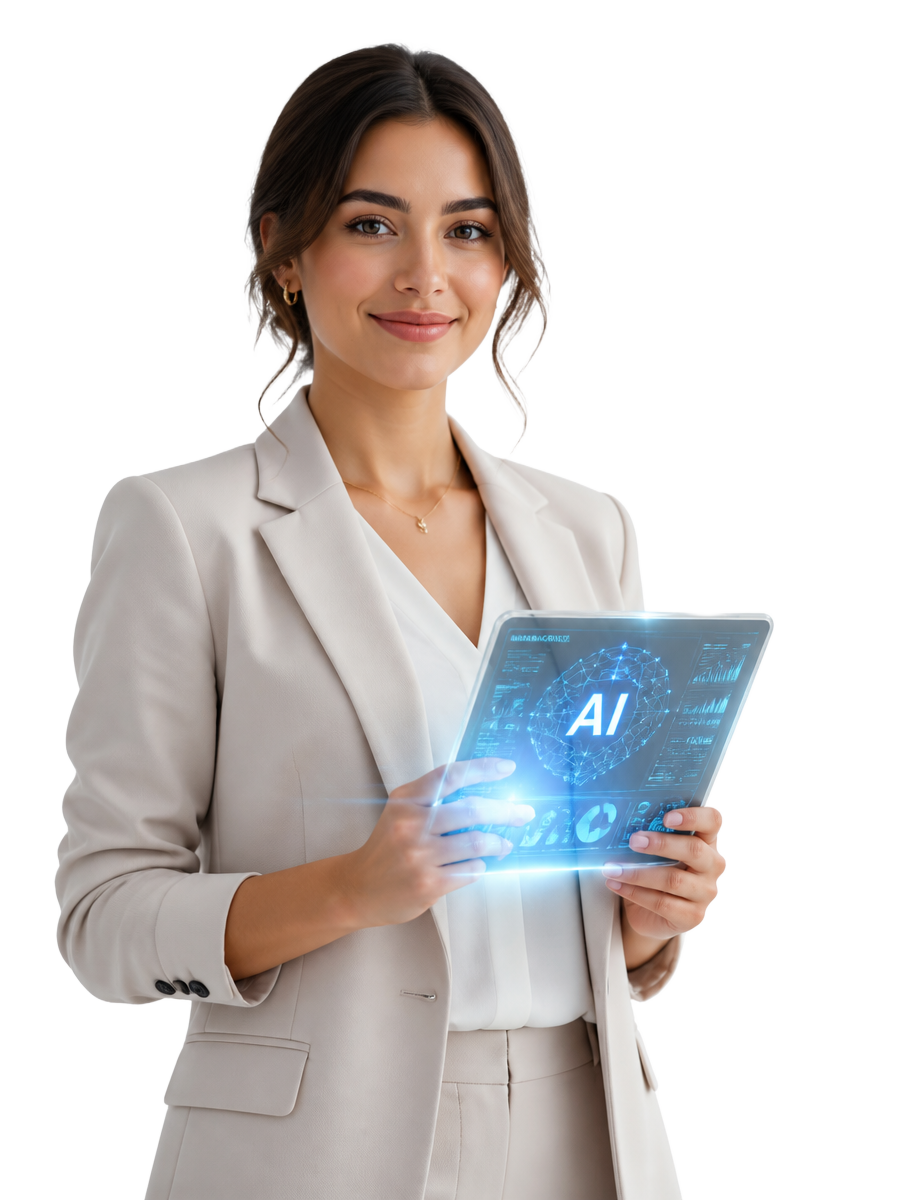 Businesswoman holding an AI holographic tablet